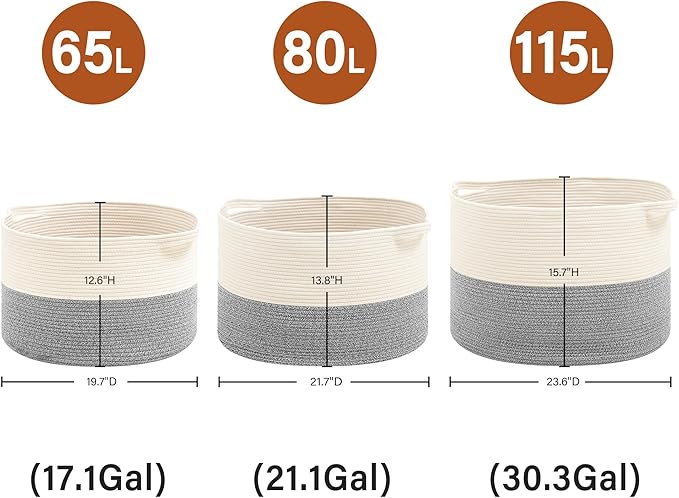 Foldable Laundry Hamper Basket with Collapsible Handle Cotton Rope Soft Woven Fabric Storage Organizer Clothes Toys Nursery Bedroom Dorm Space Saving Bin (White & Light Grey, 115L(23.6"D x 15.7"H))