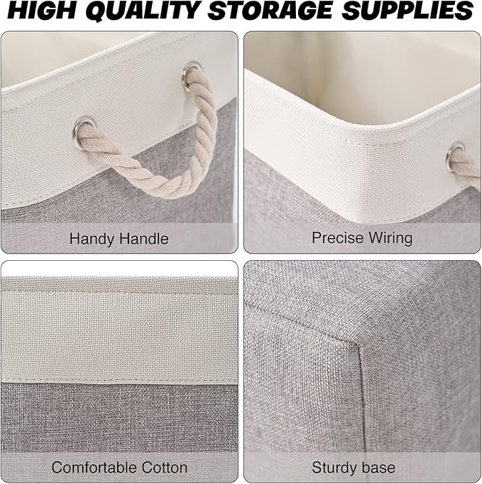Storage Bins 3 Pack, Fabric Storage Basket for Collapsible Medium Canvas Storage Baskets for Organizing Shelf Nursery Home Closet with Cotton Rope Handle 15(L) x 11(W) x 9.5(H) inch(White&Grey-3PCS)