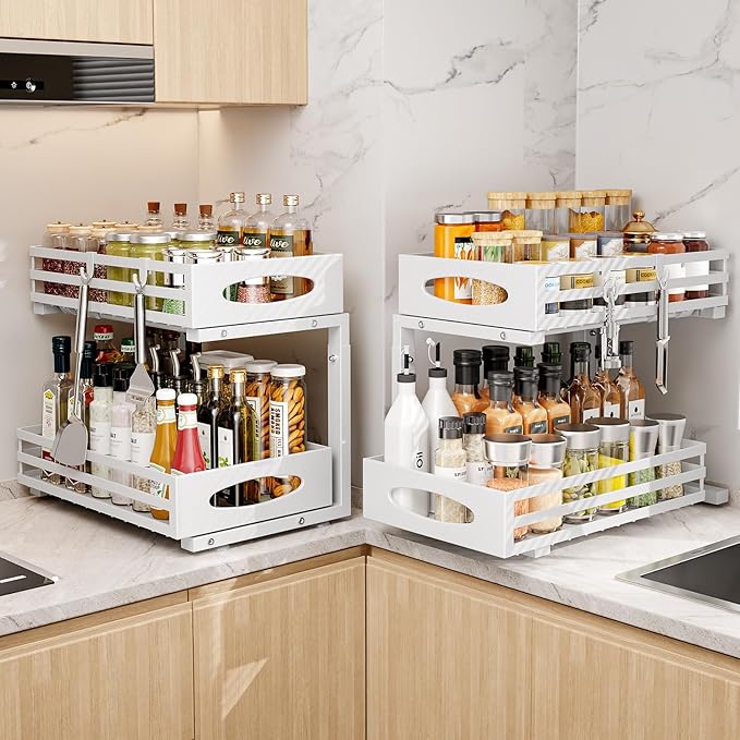 Under Sink Organizer, 2 Tier Under Sink Organizers and Storage, Adjustable Height, Slide out Metal Cabinet Organizers, Pull out Cabinet Storage Drawer Shelf for Kitchen Bathroom White 2Pack