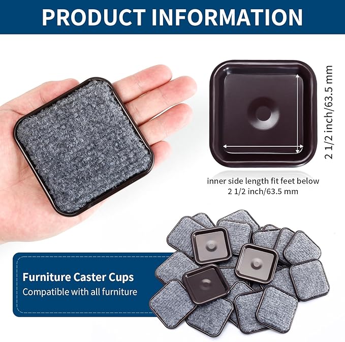 Ezprotekt 2 1/2" Square Carpet Bottom Furniture Caster Cups, 16 Pcs Reusable Furniture Coasters, Felt Furniture Sliders Pads to Protect Hardwood, Tile or Carpetd Floors from Scratches (Brown/Gray)