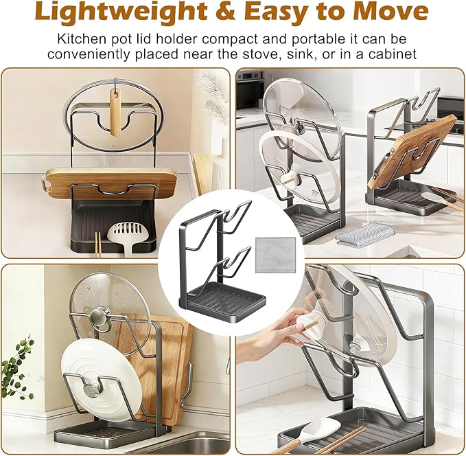 Kitchen Pot Lid Storage Rack, Pot-Lid Cutting Board Holder With Removable Drip Tray, Multifunctional Utensils Pan Pot Cover Lid Rack Shelf For Stove Top or Countertop