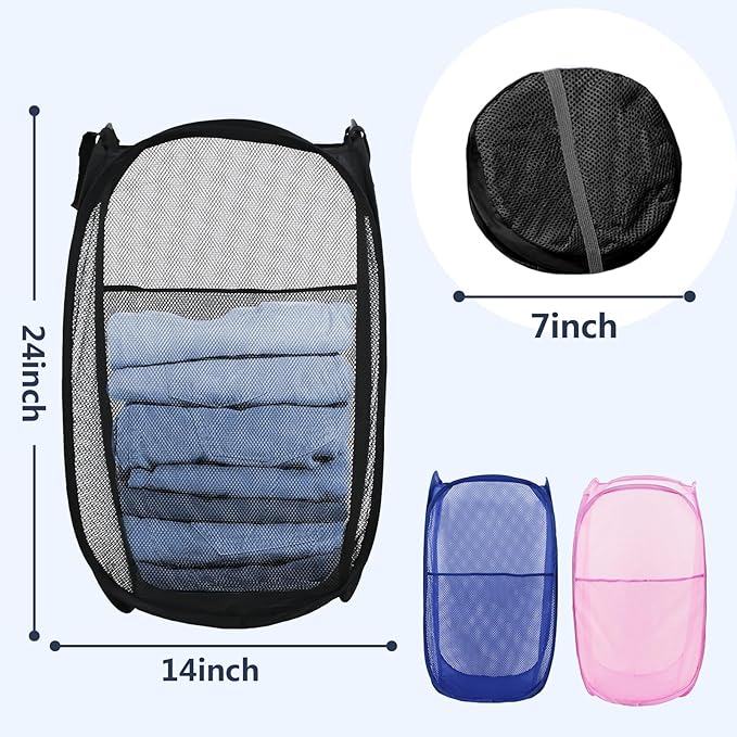 LXLOVESM Pop Up Laundry Hamper, Mesh Laundry Basket Collapsible, Foldable Hamper for Travel and Storage, 3 Pack (Black+Pink+Blue)