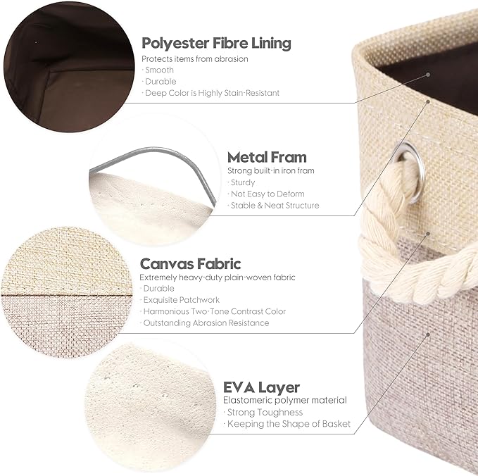 Sea Team 3-Pack Small Storage Basket Set, Storage Cube Organizer, Storage Bins, 12 x 8 x 5 Inches, Rectangle Canvas Fabric Collapsible Shelf Box with Handles for Kids Room (Tan/Beige)