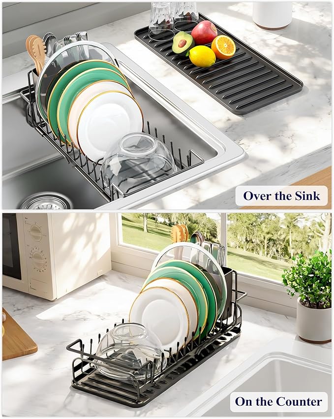 Kitsure Dish Drying Rack - Expandable Dish Rack for Kitchen Counter, Over Sink Or in Sink, Space-Saving Plates Dryer with Cutlery Holder & Drip Tray, 14.0"-20.9" L x 6.3" W x 8.0" H, Black