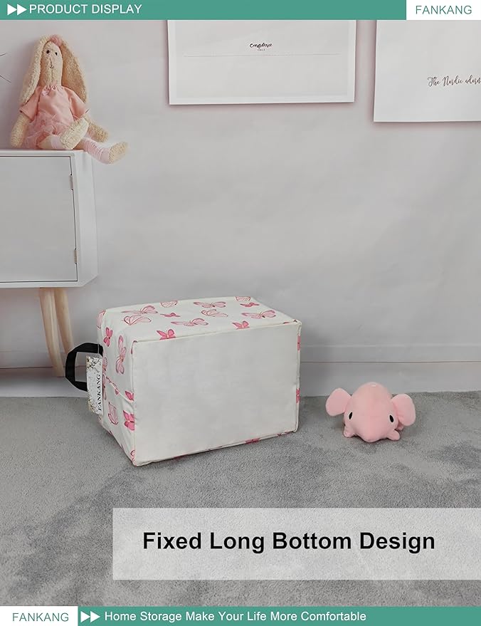 FANKANG Storage Bins, Nursery Hamper Canvas Laundry Basket Foldable with Waterproof PE Coating Large Storage Baskets for Kids Boys and Girls, Office, Bedroom, Clothes,Toys(Rec-pink butterfly ）
