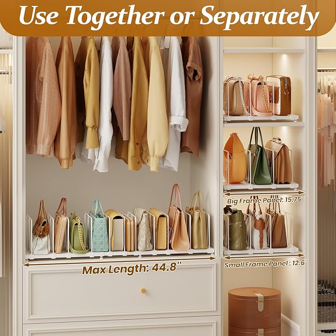 11-Pack Adjustable Shelf Dividers, Expandable Purse Organizer for Closet (32–44.8"), Purse Storage Handbag Organizer for Closet Shoe Cabinet，White