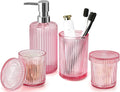 Pink Bathroom Accessories Set, 4 Pcs Glass Bathroom Accessory Set, Pink Soap Dispenser and Toothbrush Holder Set, Qtip Holder Set, Vintage Bathroom Sink Set, Cute Bathroom Decor