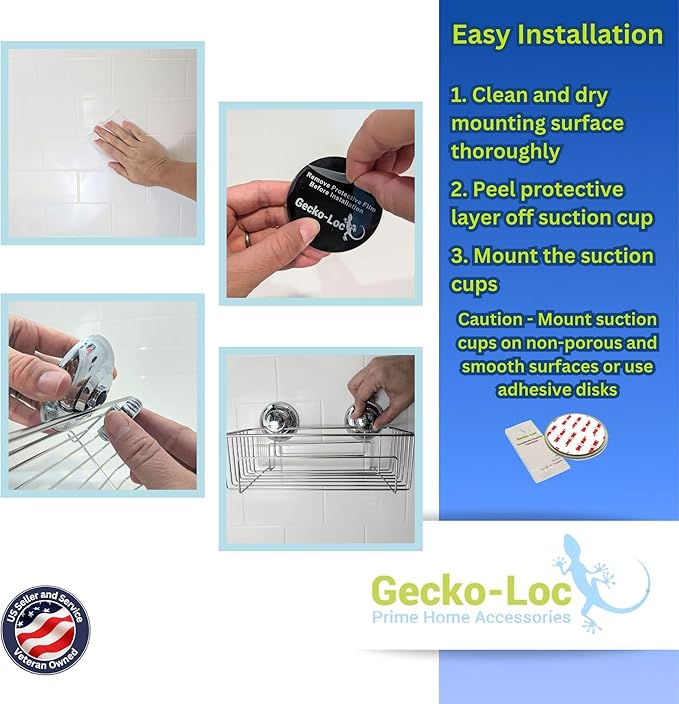 Gecko-Loc Large Combo suction cup wall mount bathroom shower caddy - shampoo storage basket shelf organizer caddie bath shelves - Bronze