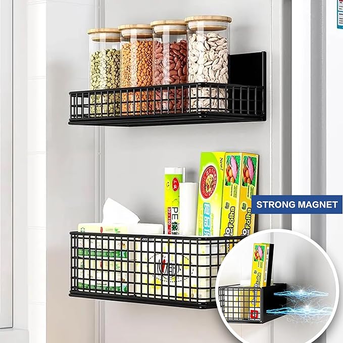 Magnetic Basket Fridge Large Magnetic Pen Holder Whiteboard Metal Wire Basket Storage Item Organizer (Large Black)