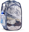 TECHMILLY Collapsible Mesh Pop Up Laundry Hamper with Sturdy Handles and Side Pocket - Portable Foldable Clothes Baskets for Dorm, Bathroom & Travel Storage (with Drawstring, Blue)
