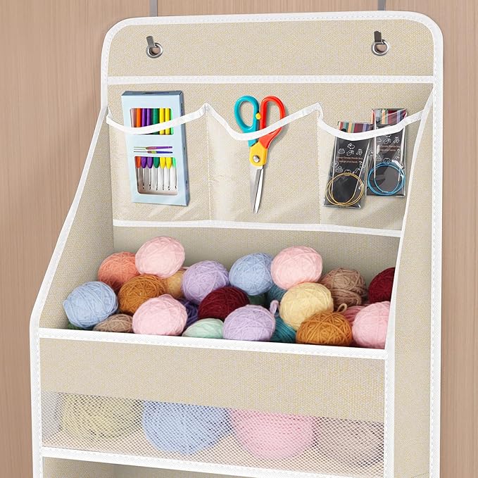 Univivi 5-Shelf Over Door Hanging Organizer Fabric Door Storage with 4 Large Pockets and 3 Small PVC Pockets Wall Mount Hanging Storage Organizers for Baby Nursery (Beige Pattern)
