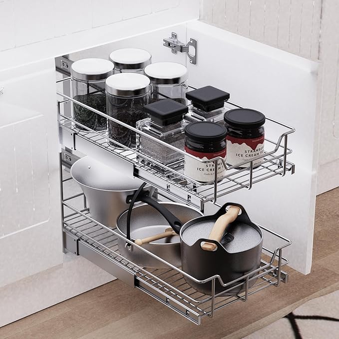 2 Tier Pull Out Cabinet Organizer 15" W X 22" D, Slide Out Drawers For Kitchen Cabinets, Pull Out Drawers For Cabinets Capacity Heavy Duty Caddy, Cabinet Pullout Shelves Chrome-Plated,Bathroom Pantry | Slide Out Drawers, For Kitchen Cabinets, Heavy Dut...