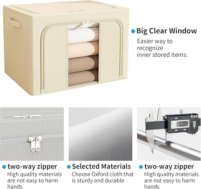 66L Clothes Storage Bins with Metal Frame Foldable Storage Bins with Lids Clothes Organizers and Storage with Clear Window Stackable Zippered Clothes Storage Bags(Gray)