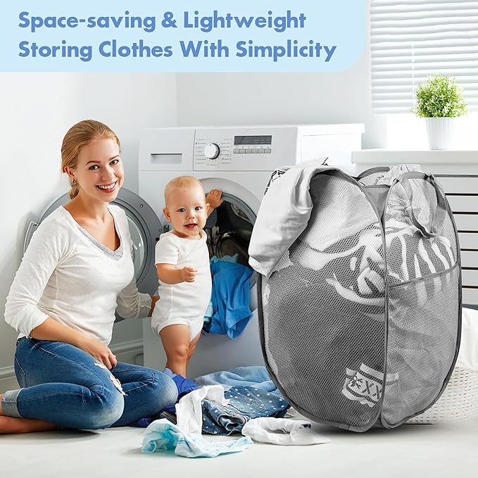 Pop Up Hamper, 2 PCS Mesh Pop Up Laundry Hamper, Foldable Mesh Laundry Basket with Space Saving Design for Home, Dorm, Travel and Storage, Gray