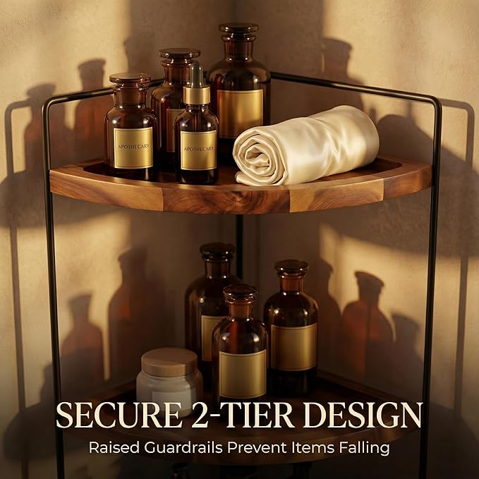 Demigo Bathroom Corner Counter Organizer 13.2x9.9 inch, 2 Tier Acacia Wood Organizer Countertop, Corner Storage Shelf Standing Rack, Cosmetic Vanity Tray Kitchen Spice Rack, Bathroom Storage Décor