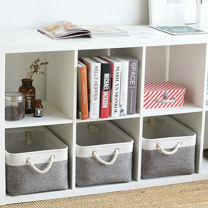 Sacyic Large Storage Baskets for Shelves, Fabric Baskets for Organizing, Collapsible Storage Bins for Closet, Nursery, Clothes, Toys, Home & Office [3-Pack, White&Grey]