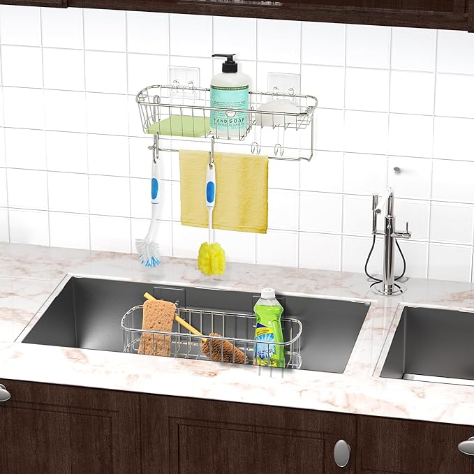 Simple Houseware Bathroom Adhesive Wall Mount Large Shower Caddy w/Hooks, Chrome, 2 Pack