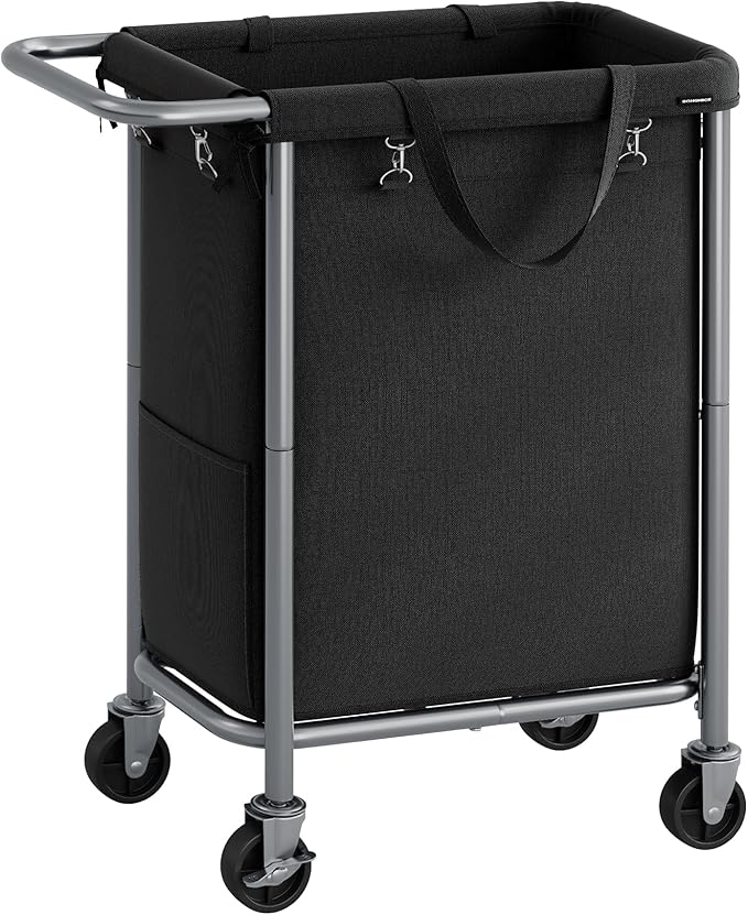 SONGMICS Laundry Basket with Wheels, Rolling Laundry Hamper, 23.8 Gallons (90 L), Removable Liner, Steel Frame with Handle, 24 x 11.4 x 31.9 Inches, Ink Black URLS003B01