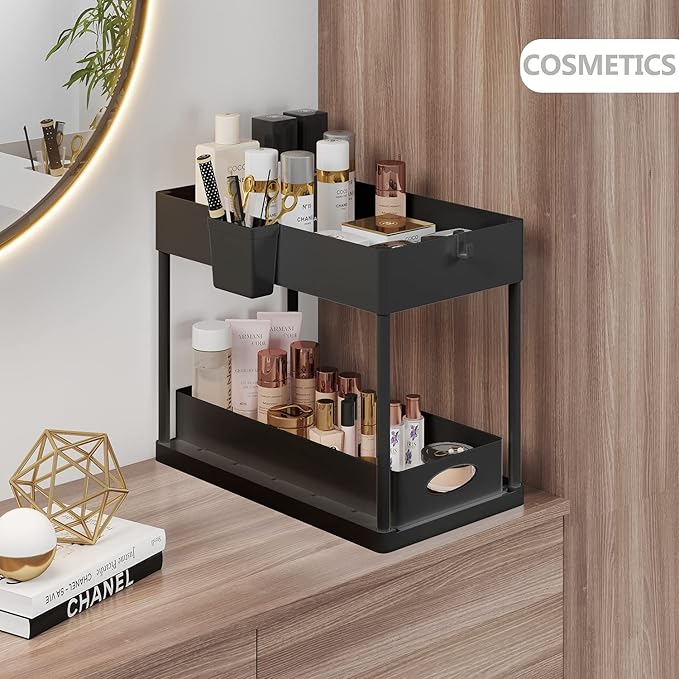 Under Sink Organizers and Storage, Bathroom Cabinet Organizer, Sink Shelf with Utility Hooks and Side Caddy for Under Cabinet Storage | Under Kitchen Sink Organizer with Sliding Drawer, Black (2-Pack)