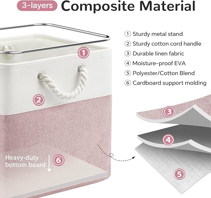 13 x 13 Inch Cube Storage Bins, 6 Pack Fabric Storage Basket with Handles, Foldable Boxes Organizer for Shelf Baskets for Home, Clothes (White/Pink)