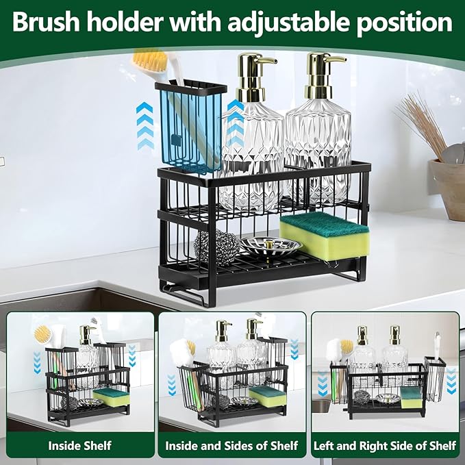 Sponge Holder for Kitchen Sink Organizer Caddy, 2 Tier Dish Brush Scrubber Holder, Stainless Steel Sink Box Utensil Holder, Rustproof Stainless Steel Dish Soap Storage Rack Set for Accessories