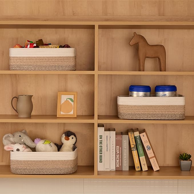 Large Shallow Organizing Baskets 15x11x5.1 Inches - Rope Woven Storage Bins for Bathroom, Shelves, Cube Closet, Gradient Brown 3 Packs