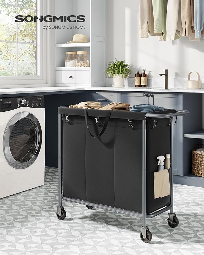 SONGMICS Laundry Basket with Wheels, 3-Section Rolling Laundry Hamper, 52.8 Gallons (200 L), Removable Liner, Steel Frame with Handle, 35.8 x 15.4 x 31.9 Inches, Ink Black URLS005B01
