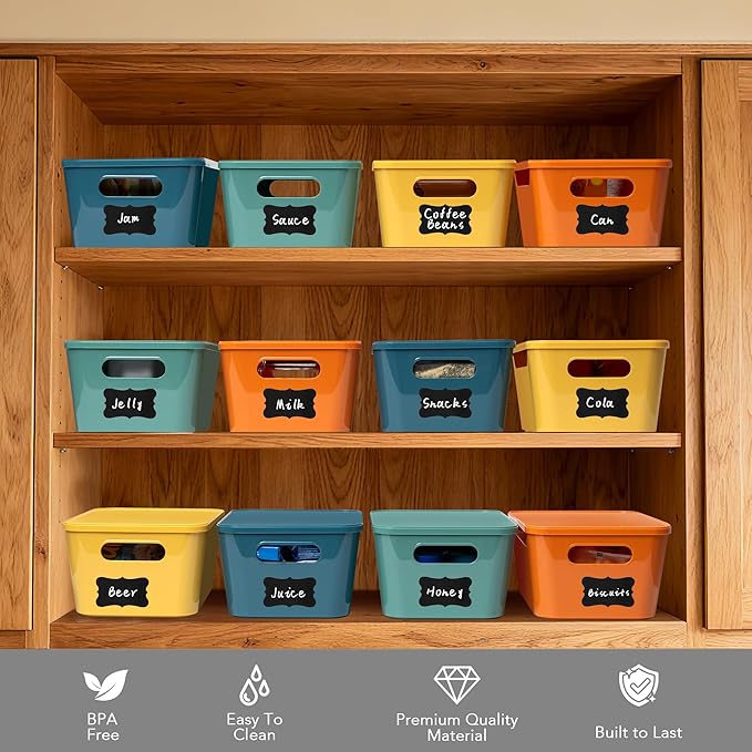Tiawudi 12 Pack 4.5L Storage Bins with Lids, Plastic Storage Baskets for Home Classroom Organization, Multi-Use Organizer Bins for Cabinet, Pantry, Drawer, Countertop or Shelves, Colorful Containers