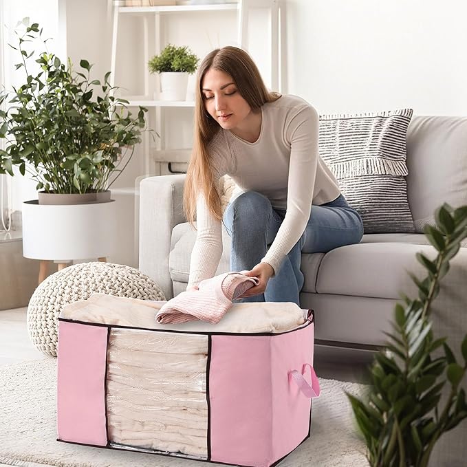 6 Pack 90L Clothes Storage Bags Dorm Storage Containers with Clear Window Handle Organization Bins for Comforter, Pillows, Closet and College Dorm Essentials(Pink)