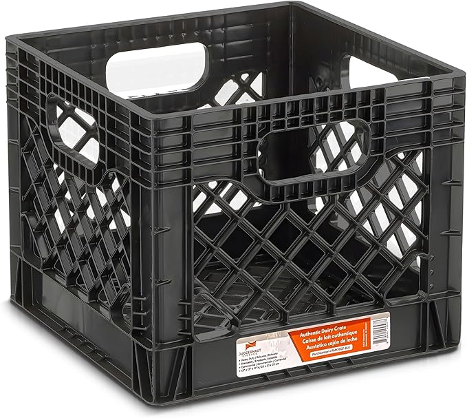 Juggernaut Storage 2-Pack Stackable Heavy Duty Milk Crates with Handles, 16 Qt, Black - Organizing Plastic Crate Basket for Grocery Shopping, Home Supplies, and Bathroom Accessories