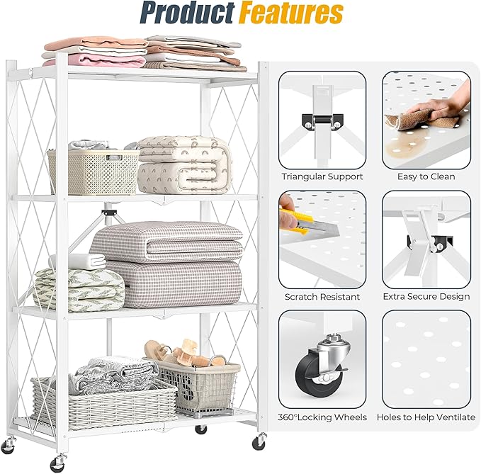 4-Tier Folding Metal Storage Shelf with Wheels, No Assembly Organizer Rack, Heavy Duty Collapsible Shelving Unit for Garage, Kitchen, Basement, Pantry, Living Room(New Upgrade - White, 4 Tier)