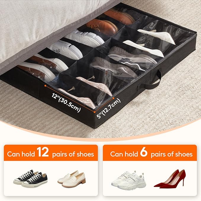 Lifewit Under Bed Shoe Storage Organizer 4 Pack(2x12 Pairs+2x4 Pairs), 4.3" Tall Fabric Shoes Container Box, Foldable Closet Shoe Bag with 2 Reinforced Handles and Clear Cover, Black
