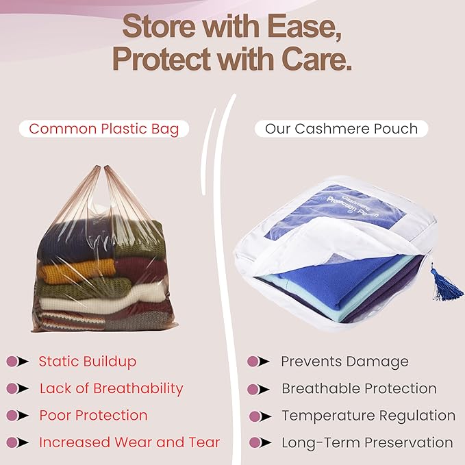 The Cashmere Choice Cashmere Storage Bags for Clothes, Sweaters, Scarves – 100% Cotton Garment Bag – Standard Size