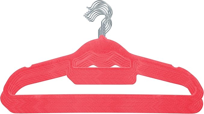 IRIS USA Non-Slip Velvet Clothes Hangers, Slim Space-Saving Design with Accessory Bar, Pink, Set of 10
