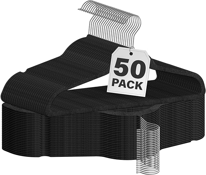 Simple Deluxe 50 Pack Velvet Hangers, Non-Slip Clothes Hangers with Shoulder Notches, 360° Swivel Hooks, Heavy Duty Coat Suit Hangers for Coats & Pants, Black