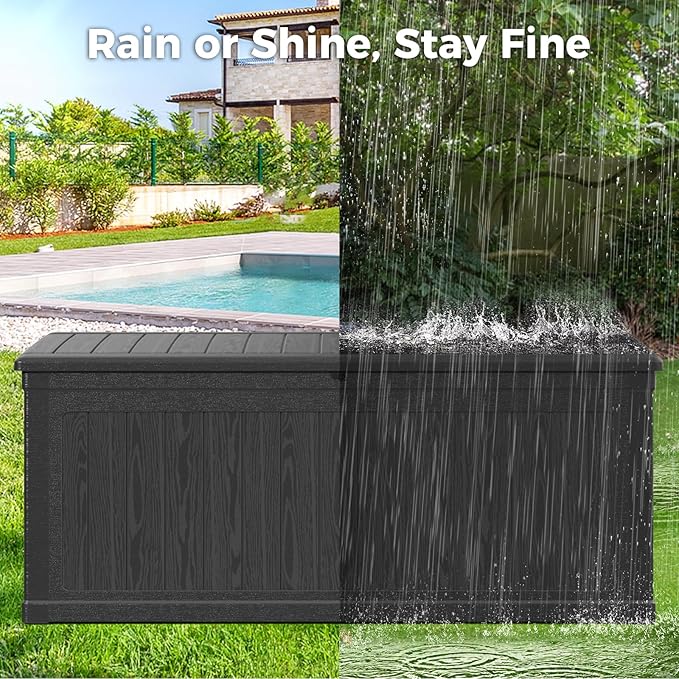 Lyromix 230 Gallon Outdoor Storage Box, UV-Resistant Waterproof Deck Box Outdoor with Lockable Design (Lock Not Included) and Hydraulic Lid, Patio Storage Bin for Cushions and Garden Tools, Black
