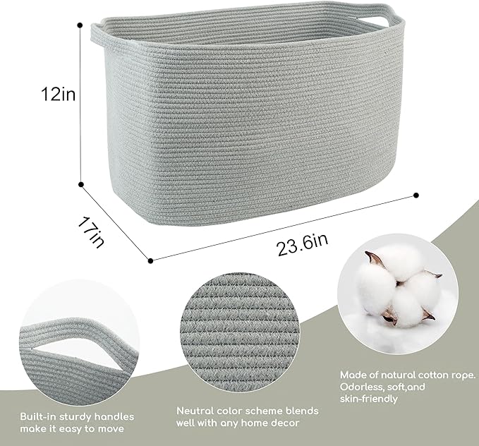 Extra Large Rectangle Storage Basket, 23.6" x 17" x 12" Gray Blanket Storage for Living Room, Large Soft Woven Cotton Rope Bin for Organizing, Kids Dog Wicker Toy Box Organizer