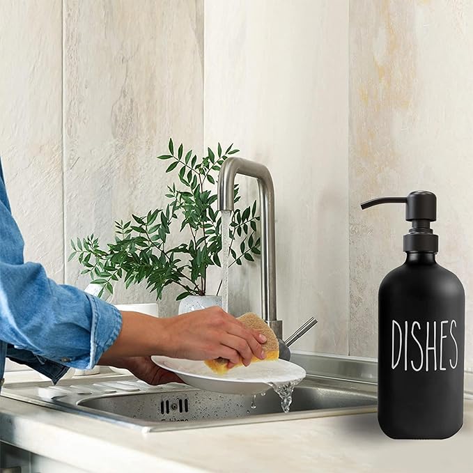 16 OZ Thick Black Glass Soap Dispenser, Matte Black Stainless Steel Pump 2 Pack, Hand and Dish Soap Dispenser Set for Bathroom with 6 Waterproof Labels