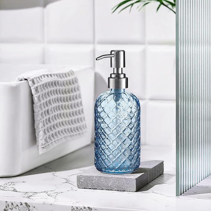 14 Oz Refillable Glass Soap Dispenser with Rust Proof Stainless Steel Pump, for Dispense Hand soap, Body wash, Lotion (Blue)
