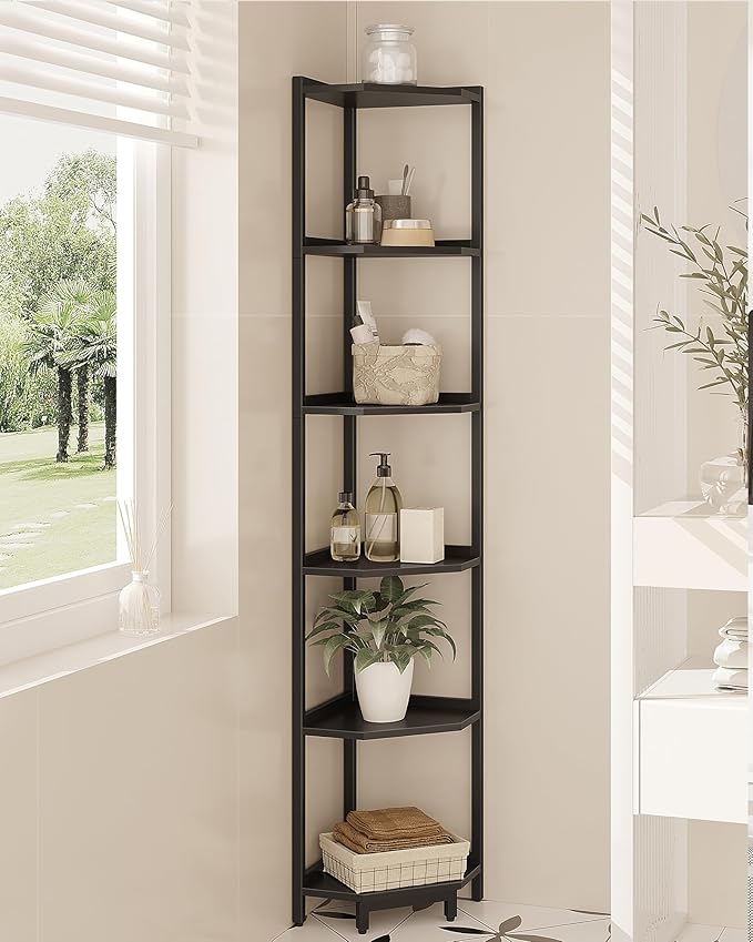 Corner Shelf Stand, Corner Bookshelf, Storage Standing Shelf Unit with Metal Frame, Plant Stand, Bookcase for Living Room, Home Office, Bedroom, 6-Tier Black CS06006B