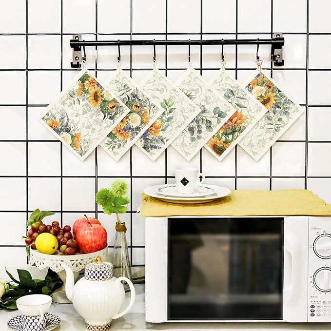 Morigins 6 Pcs Sunflowers Swedish Kitchen Dishcloths Multi Purpose Absorbent Soft Reusable Cleaning Dish Cloths Washable Decorative Tea Towels Bar Hand Towel
