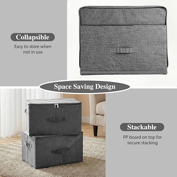 ANMINY Storage Bins with Zipper Lids 13 Qt Lidded Fabric Storage Boxes Baskets Cubes with Handles Collapsible Washable Cotton Linen Closet Shelf Clothes Organizer Containers - Gray, Small