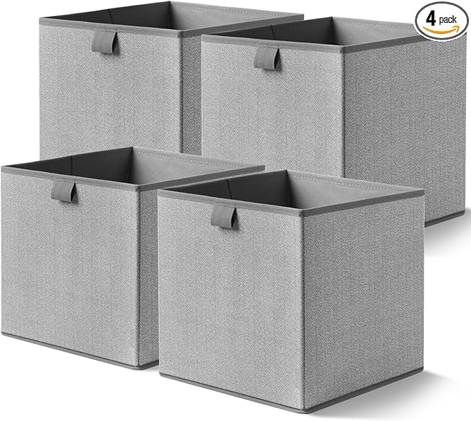 Storage Baskets, 11.8-Inch Woven Fabric Bins, Storage Cubes with Reinforced Handles, Organizer Bins for Closet Shelves, Foldable, for Toys, Clothes (4PCS/Grey-11.8*11.8*11.8inch)