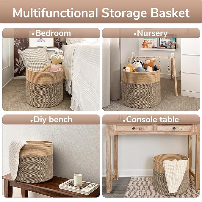 Goodpick Large Cotton Rope Basket 15.8"x15.8"x13.8" Wicker Basket for Blankets, Toy Storage for Living Room, Jute