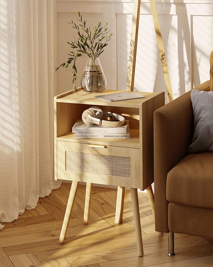 Veegle Rattan Nightstand,Modern Bedside Table with Storage Drawer and Open Wood Shelf, for Living Room, Bedroom and Small Spaces, Accent Night Stand with Solid Wood Legs, Easy Assembly,(Oak)