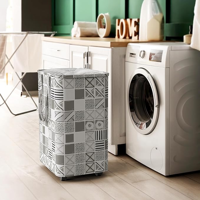 Simple Houseware Large 82L Laundry Basket with Wheels, Collapsible Waterproof Hamper with Handles and Mesh Cover, Geometric Gray