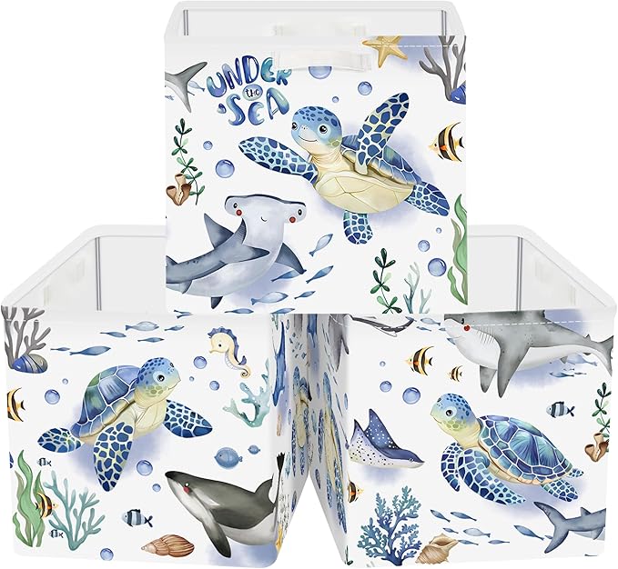 Clastyle 3 pcs Ocean Animals Cube Storage Unit Bin with Metal Frame Foldable Kallax Box for Shelves Parents Closet Organizer Basket for Book Clothes Toy Organizer, Turtle, 11.8x11.8x11.8 in