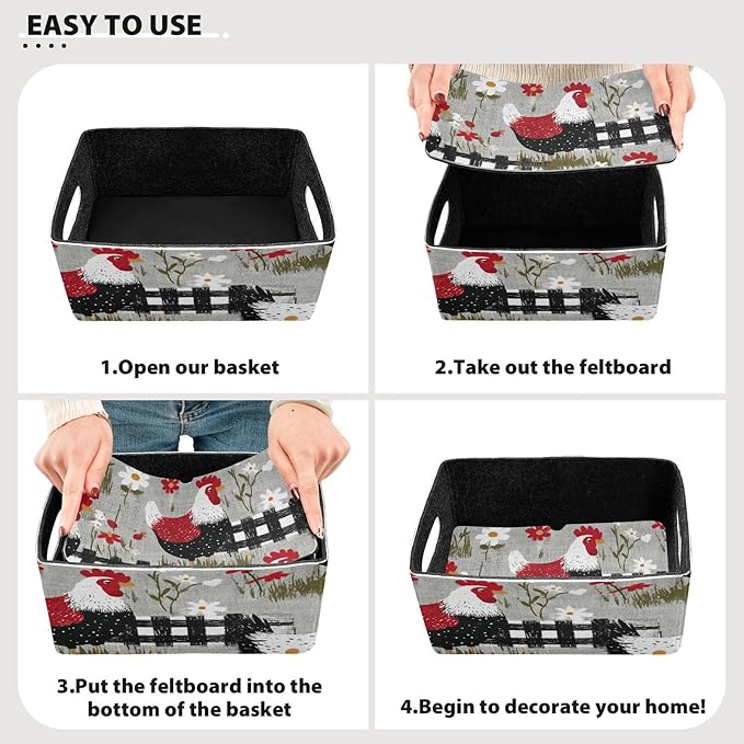Closet Storage Bins 2 Pcs Felt Open Home Storage Containers Organizer with Handles Collapsible Shelf Basket for Home Office Craft Room Classroom Fabric Grey Chicken and Daisy Flowers