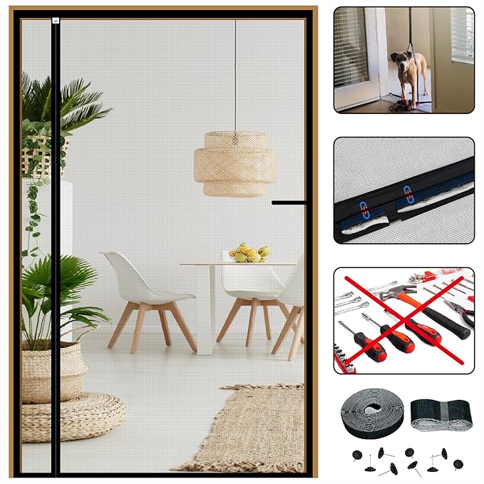 Reversible Left Right Side Opening Screen Door Mesh Magnetic Closure Heavy Duty, Self Closing Fiberglass Bug Net with Magnet for Sliding Doors & Doorway, Pet Friendly, 70 x 80 inch