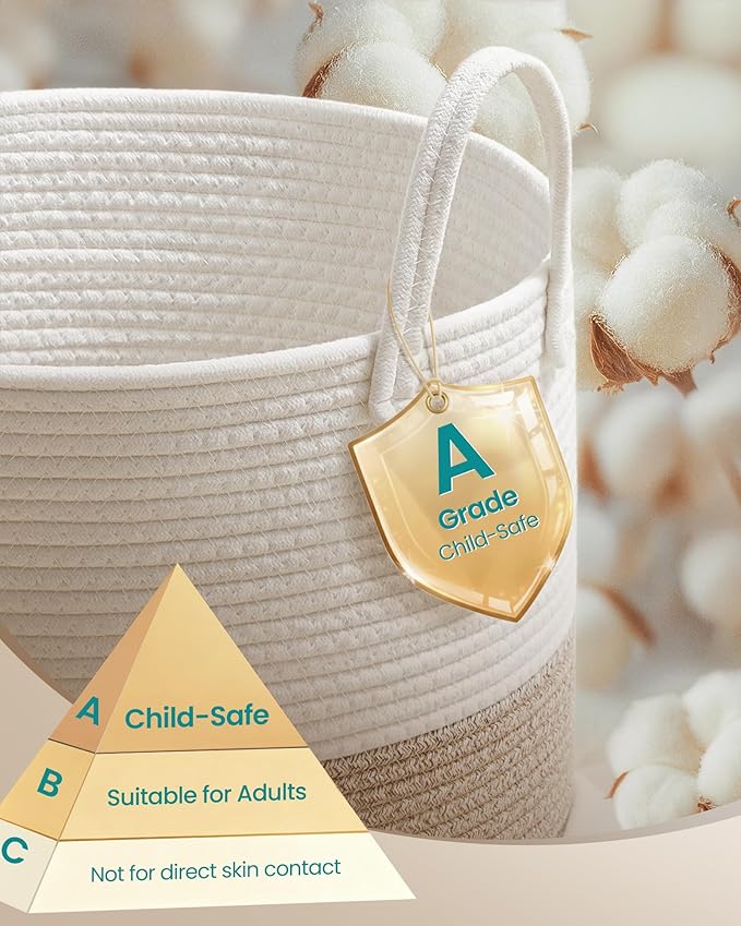 SONGMICS Laundry Hamper, Cotton Rope Laundry Basket with Handles, for Children, Toys, Clothing, Living Room, Bedroom, 21.1 Gallons, 15.7 x 15.7 x 23.6 Inches, White and Grayish Brown URLH062LZ01